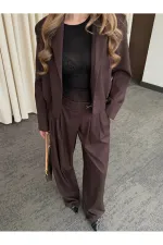 Kahverengi Crop Ceket Pantolon Takım - 9689