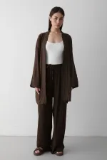 Kahverengi %100 Pamuk Cep Detaylı Kuşaklı Kimono Takım - 8491