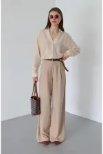 Pantalon beige en maille avec ceinture - 51150