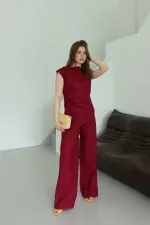 Ensemble chemisier et pantalon asymétriques bordeaux - 7227
