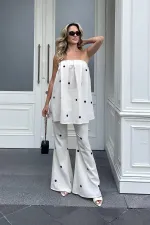 Beyaz Siyah Puantiyeli Straplez Bluz Pantolon Takım
