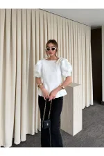 Off-White Blouse with Pearl Bow Detail on Sleeves - 5001