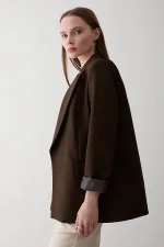 Brown Striped Lined Blazer Jacket with Fold-Up Sleeves - 7560 Brown Striped Lined Blazer Jacket with Fold-Up Sleeves - 7560