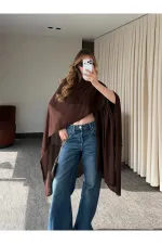 Kahverengi Muadil Tasarım Triko Pelerin Şal - 5241