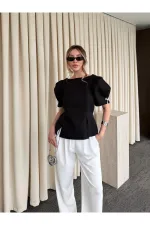 Siyah Kolu İnci Fiyonk Detaylı Bluz - 5001