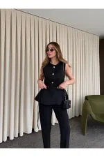 Siyah Kemerli Düğmeli Yelek - 9682