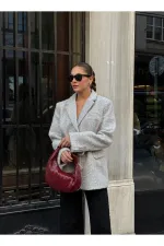 Veste Blazer en Cachemire Ceinturée Bouclé Gris - 7368