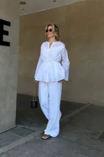 Beyaz Bel Detaylı Vual Keten Gömlek