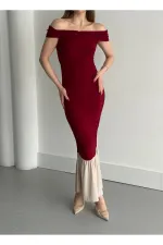 Bordo Kayık Yaka Fırfırlı Elbise - 4798