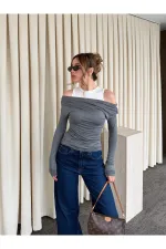 Gri Beyaz Atletli Kayık Yaka Bluz - 0780