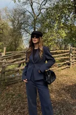 Navy Blue One-Button Jacket and Trousers Suit - 9480