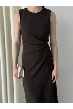 Kahverengi Gold Tokalı Elbise