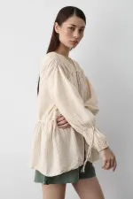 Natural 100% Cotton Muslin Shirt with Elasticated Sleeves