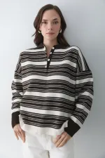 Koyu Kahve - Krem İki Renkli Çizgili Kazak - 251140