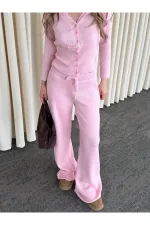 Pembe Dantelli İkili Triko Takım - 2602