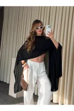 Siyah Muadil Tasarım Triko Pelerin Şal - 5241