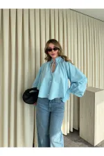 Mavi Yakası Bağlamalı Kolları Tasarım Gömlek - 112254