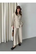 %100 Pamuk Kemerli Gömlek Pantolon Takım - 034