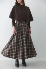 Brown Plaid Skirt with Leather Trim - 4977