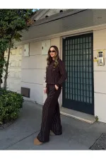 Kahverengi Taşlı Bluz Pantolon Takım - 0766