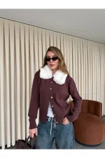 Bordo Yakası Kürklü Hırka - 261002