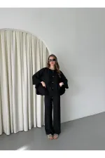 Ensemble chemisier et pantalon noirs avec détails de surpiqûres au col - 9002