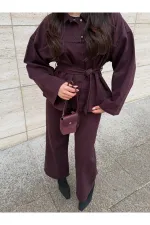 Mürdüm Bağlamalı Denim Ceket Pantolon Takım