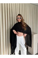 Siyah Muadil Tasarım Triko Pelerin Şal - 5241