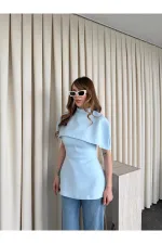 Mavi Pelerinli Straplez Bluz - 1101