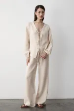 Ensemble chemisier et pantalon beige 100 % coton à nouer