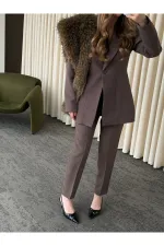 Kahverengi Belden Oturtma Blazer Ceket - 9684