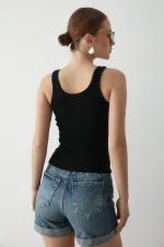 Black Front Buttoned Tank Top - 251001