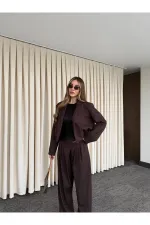 Kahverengi Crop Ceket Pantolon Takım - 9689
