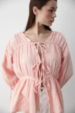 Pink 100% Cotton Muslin Shirt with Elasticated Sleeves Pink 100% Cotton Muslin Shirt with Elasticated Sleeves