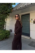 Kahverengi Taşlı Bluz Pantolon Takım - 0766