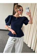 Lacivert Kolu İnci Fiyonk Detaylı Bluz - 5001