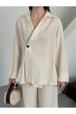Natural 100% Cotton Double-Breasted Single-Button Kimono Pants Set - 8351 Natural 100% Cotton Double-Breasted Single-Button Kimono Pants Set - 8351