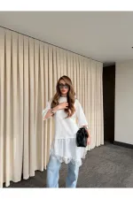 Beyaz Asimetrik Dantelli Bluz - 0771