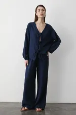 Navy Blue 100% Cotton Tie-Up Blouse and Pants Set