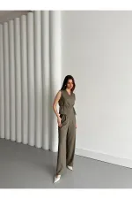 Haki Kruvaze Yaka Yelek Pantolon Takım