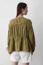 Khaki 100% Cotton Muslin Shirt with Elasticated Sleeves