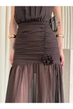 Kahverengi Gül Detaylı Şifon Elbise - 2485