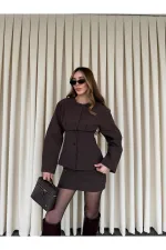 Kahverengi Düğmeli Pileli Ceket Etek Takım - 30422