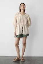 Natural 100% Cotton Muslin Shirt with Elasticated Sleeves