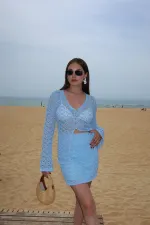 Ensemble cardigan et jupe à boutons en perles bleues - 7221