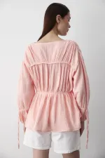 Pink 100% Cotton Muslin Shirt with Elasticated Sleeves Pink 100% Cotton Muslin Shirt with Elasticated Sleeves