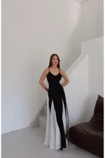 Black and White Long Dress with Adjustable Straps - 0205