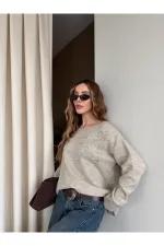 Bej Taş İşlemeli Kayık Yaka Kazak - 251189