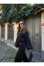 Siyah Bomber Saten Ceket Pantolon Takım - 9663 - 51229