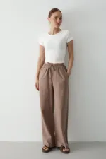 Milk Coffee Wide Leg Trousers with Elastic Waistband - 2813